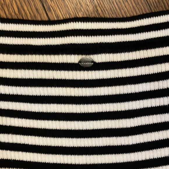 Guess Black and White Striped Long Sleeve Off the Shoulder Dress - Picture 5 of 5